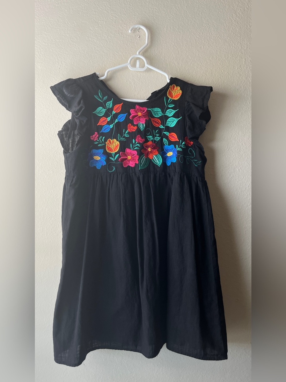 Black Dress with Multicolor Mexican  Floral Embroidery